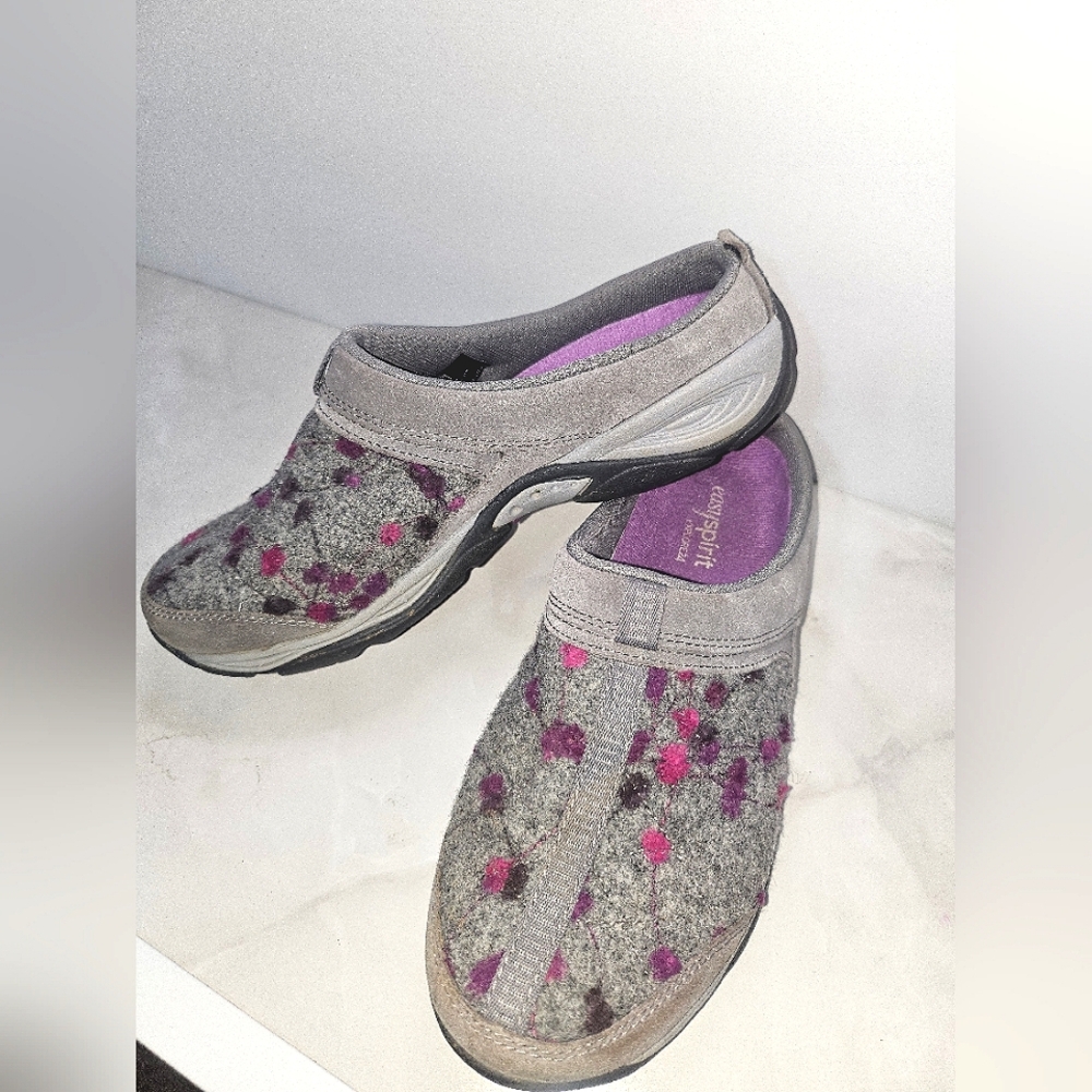Easy Spirit Traveltime Slip On Mules Clogs, Size 7.5, Gray/Purple & Pink accents